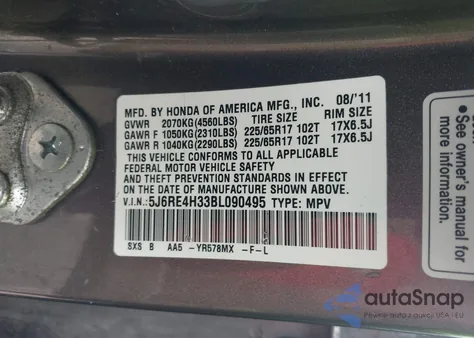 2011 Honda Cr-V Lx from USA, damaged, VIN 5J6RE4H33BL090495